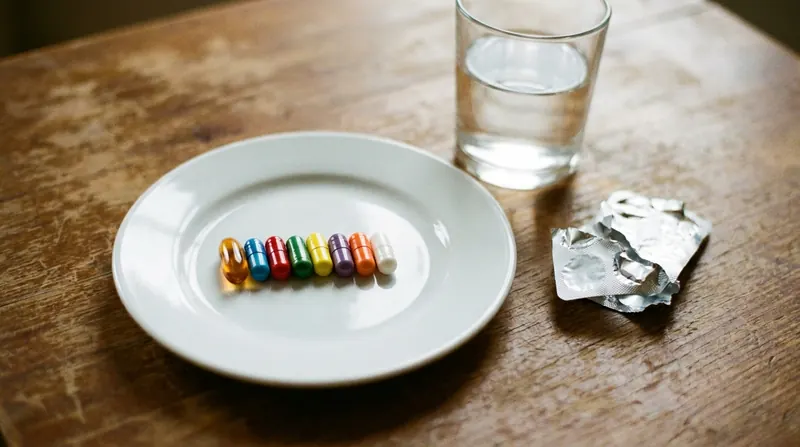 Seven capsules of different colors and one amber softgel arranged in a row on a white plate beside a glass of water