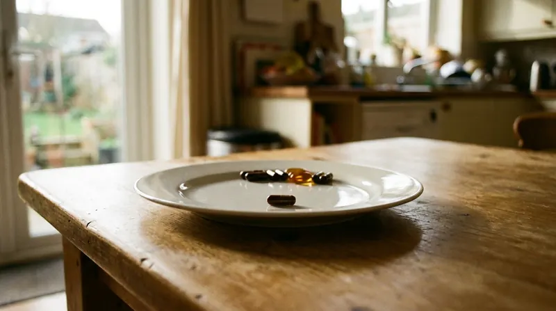 A single dark capsule alone at the center of a white plate with the other capsules pushed to the far edge