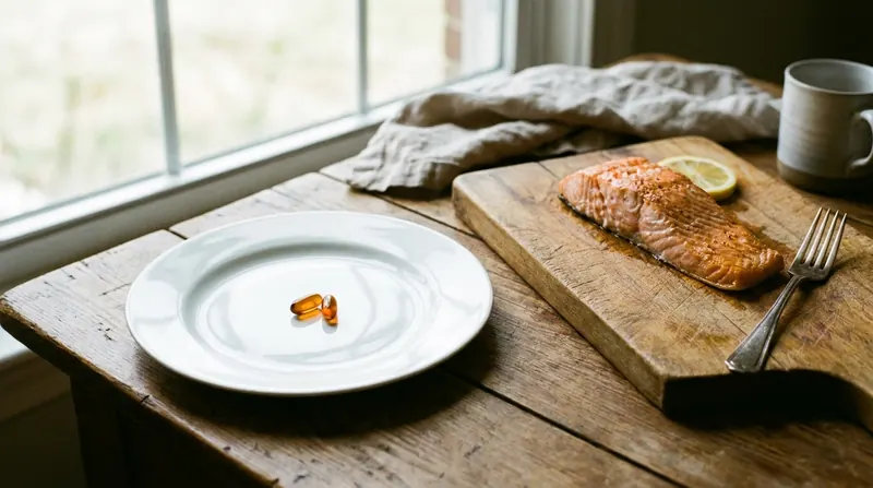 Two amber softgels on a white plate beside a cooked salmon fillet on a wooden board with a lemon wedge
