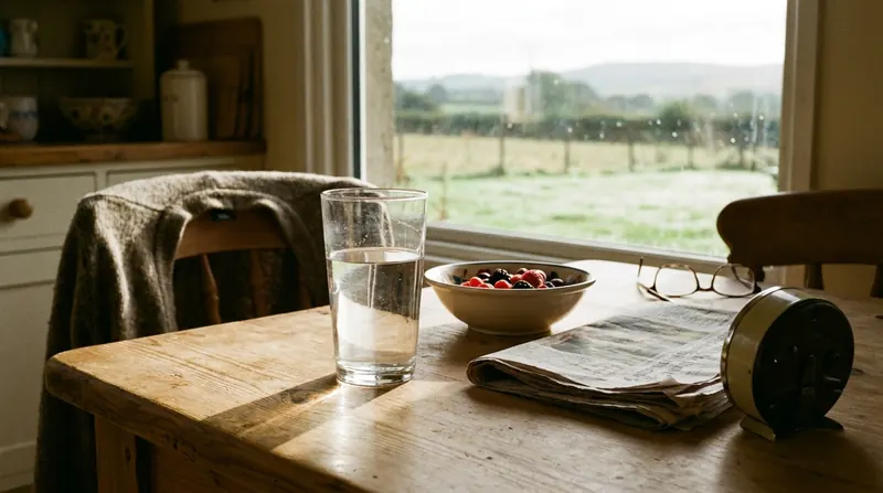 A tall glass of water catching morning light on a wooden table beside a bowl of berries and a folded newspaper