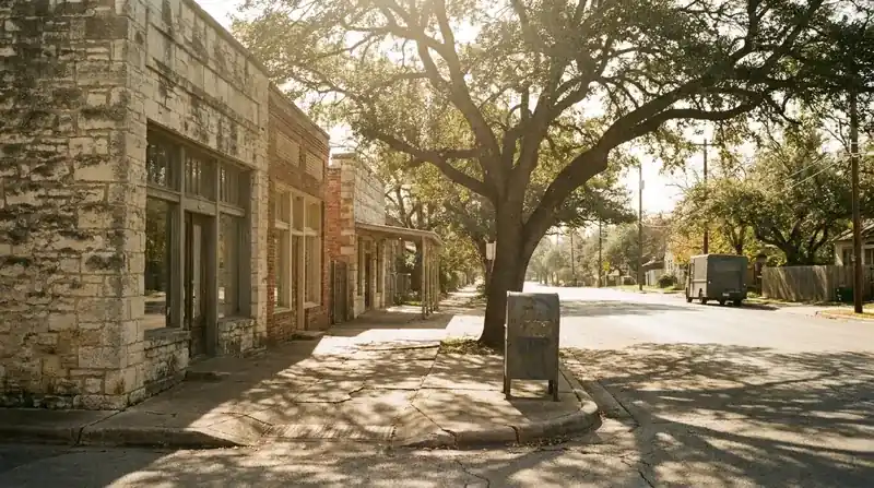 A quiet street of low limestone buildings with a live oak, a mailbox on the corner and a delivery van far down the road