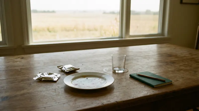 A wooden table with two empty foil packets, an empty plate and glass, and a closed notebook with a pencil across it