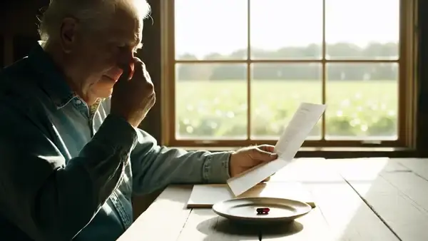 A man in his sixties reading a printed page at a window table, then picking up a single capsule to look at it