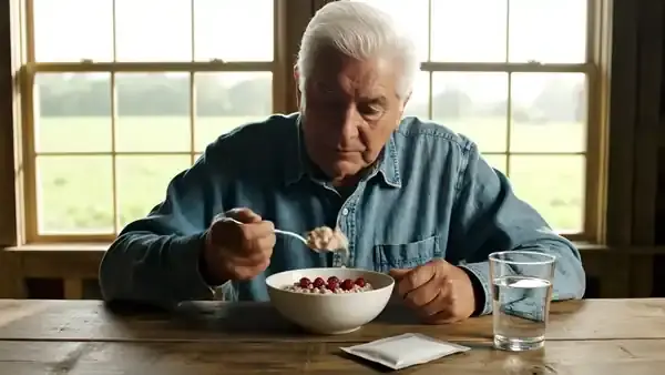 A man in his sixties eating oatmeal at a window table and turning a foil packet over to read the back of it