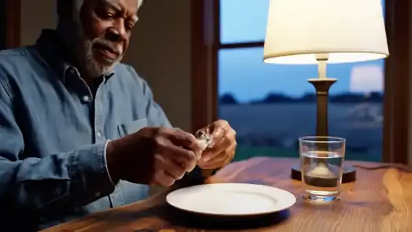 A man in his sixties at a lamplit table at dusk tipping capsules from a foil packet and holding one up to the light
