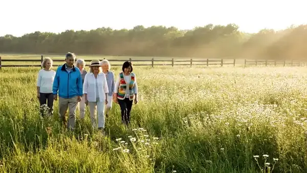 A wide open field of tall grass and wildflowers moving in a light breeze in the early morning