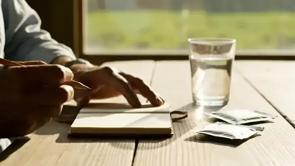 A man's hands writing a line in a small notebook beside a glass of water and two empty foil packets