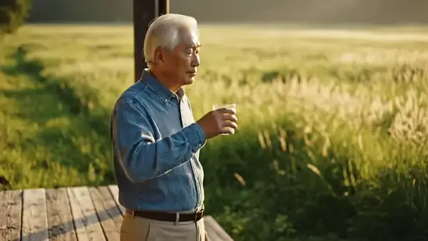 A man in his sixties on a porch step at the edge of a field finishing a glass of water and looking out
